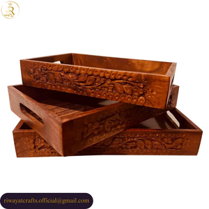 Traditional Hand-Carved Wooden Serving Tray Set of 3