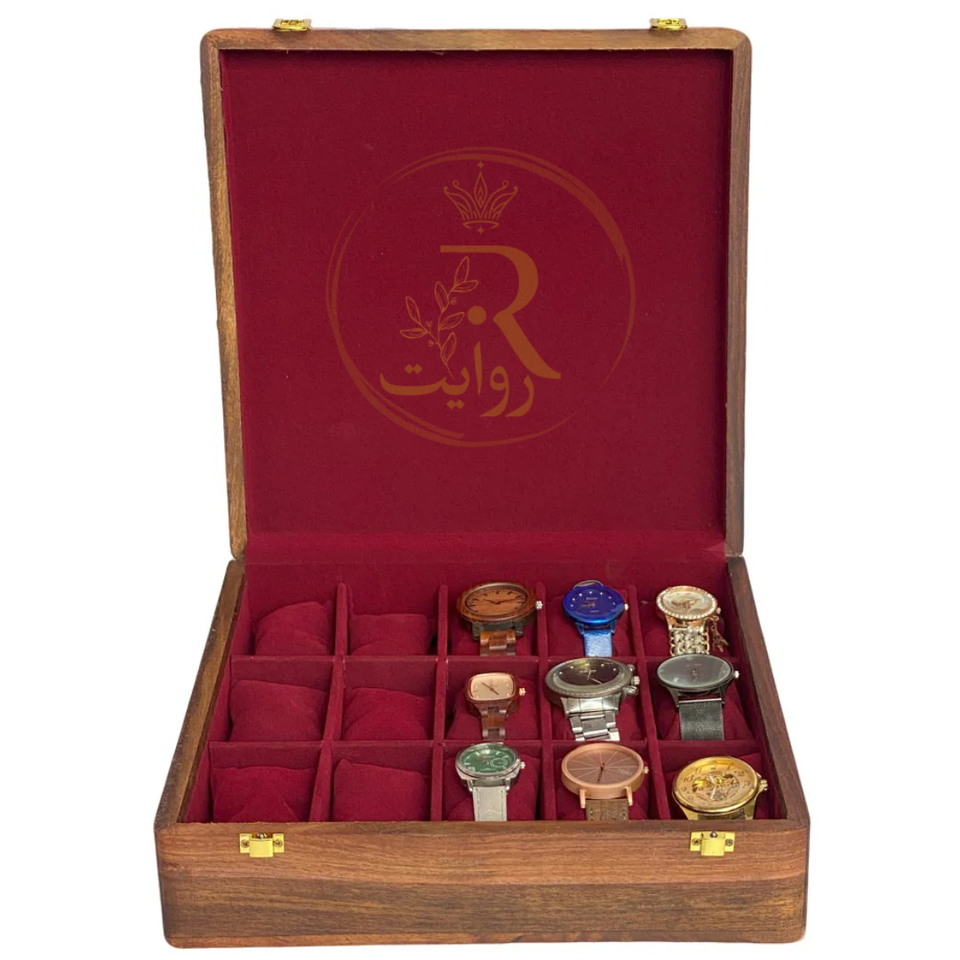 Handcrafted 15-Section Wooden Watch Box – Red Velvet Lining with Wooden Top Lid