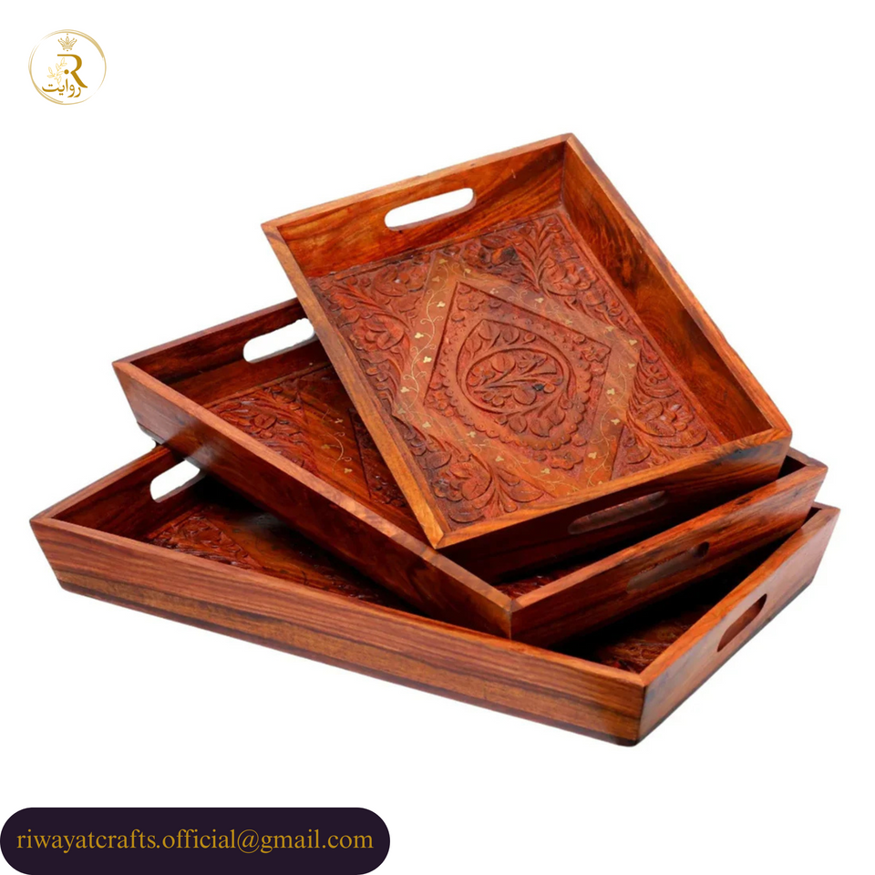 Hand-Carved Wooden Serving Tray – Set of 3 (Base Pure Wood)