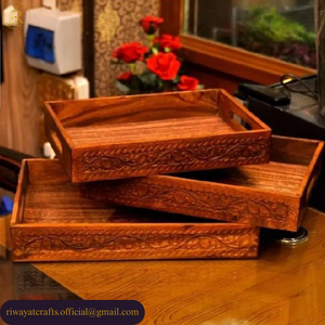 Traditional Hand-Carved Wooden Serving Tray Set of 3