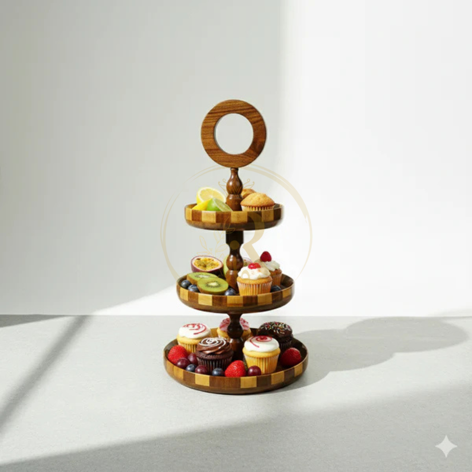 Handcrafted Sheesham Wood 3-Tiered Fruit & Cupcake Stand