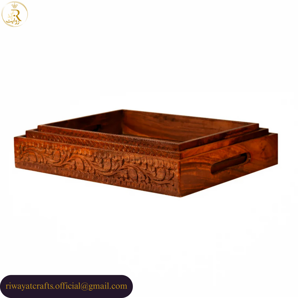 Traditional Hand-Carved Wooden Serving Tray Set of 3