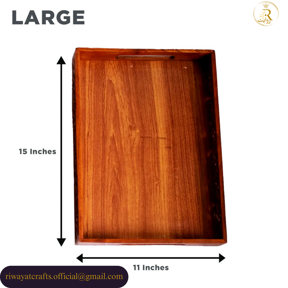 Traditional Hand-Carved Wooden Serving Tray Set of 3