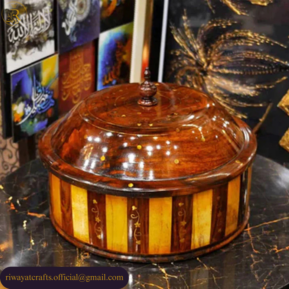 Handcrafted Wooden Roti Hotpot with Brass Work (With Steel Bowl)