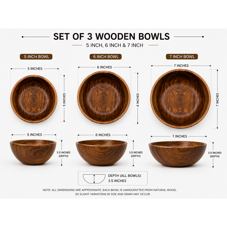 Set of 3 Single Wooden Bowls Without Polish – 5, 6 & 7 Inch