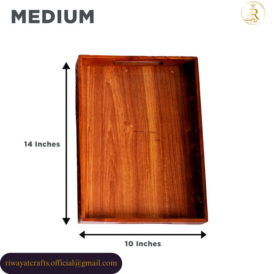 Traditional Hand-Carved Wooden Serving Tray Set of 3