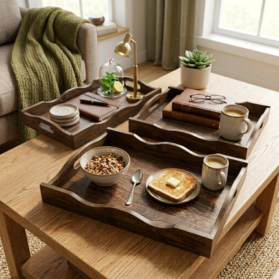 Lightweight Handcrafted Wooden Serving Tray Set of 3 (Base Solid MDF )