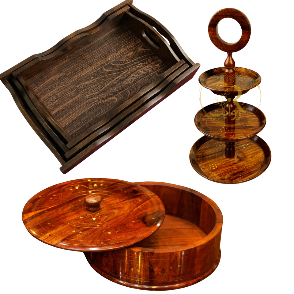 Deal 5 – Handcrafted Wooden Hotpot, Tray Set &amp; 3-Tier Cake Stand