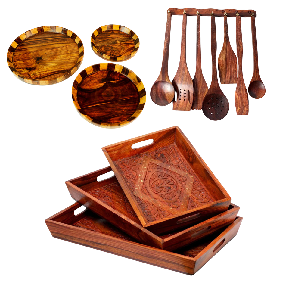 Deal 3 – Wooden Tray Set, Wooden Plates &amp; 8-Piece Cooking Spoon Set