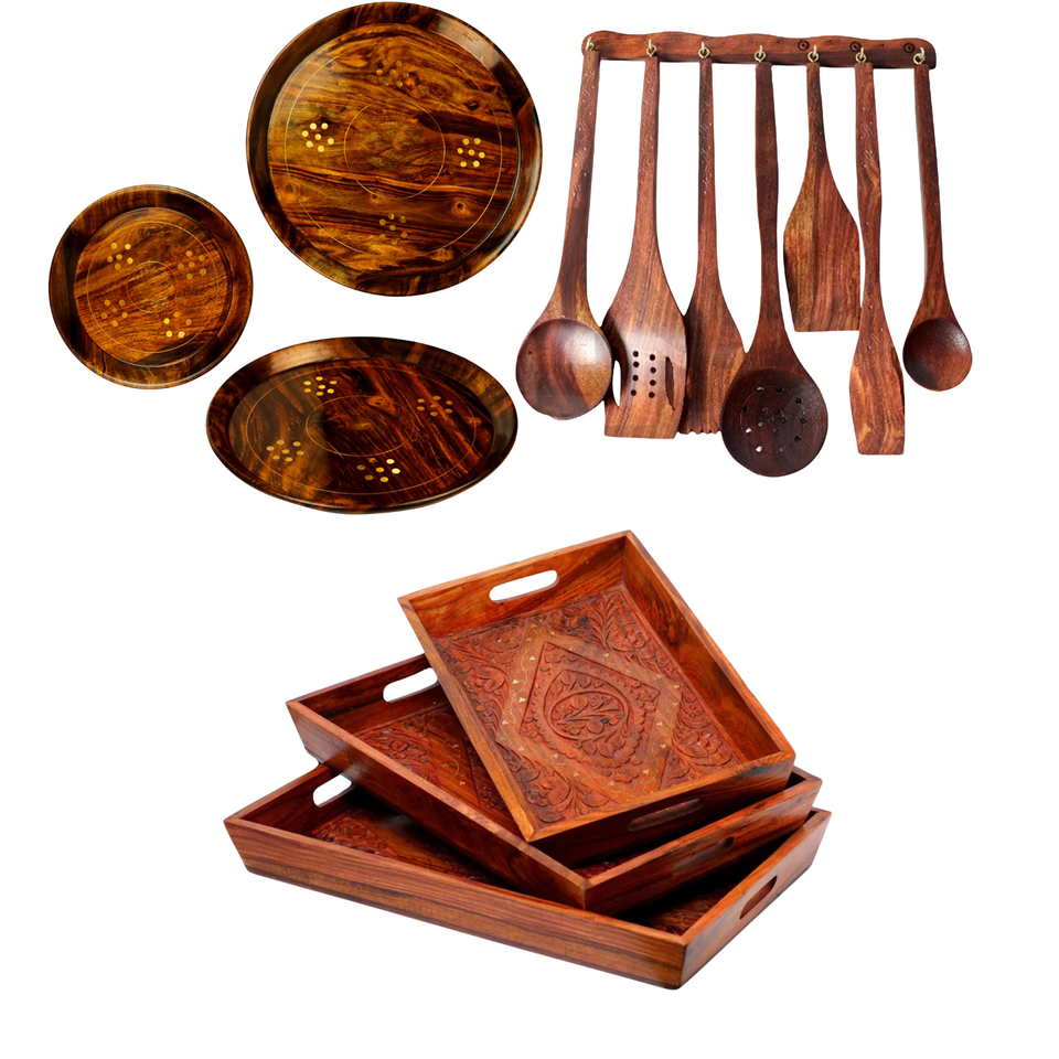 Deal 3 – Wooden Tray Set, Wooden Plates &amp; 8-Piece Cooking Spoon Set