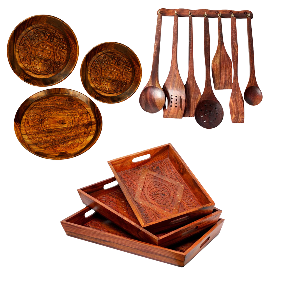 Deal 3 – Wooden Tray Set, Wooden Plates &amp; 8-Piece Cooking Spoon Set